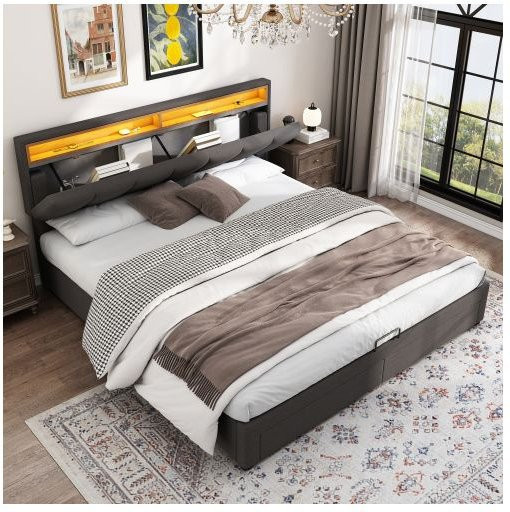 MUVOE Doppelbett mit Leinen-Polsterung und LED-Beleuchtung in Grau, B/T/H: 160 x 200 cm - Bild 1