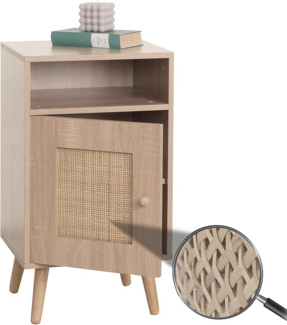 Nachttisch MCW-M39 in Eiche-Optik mit Kubu Rattan und Staufächern, B/T/H: 71 x 40 x 41 cm - Bild 1