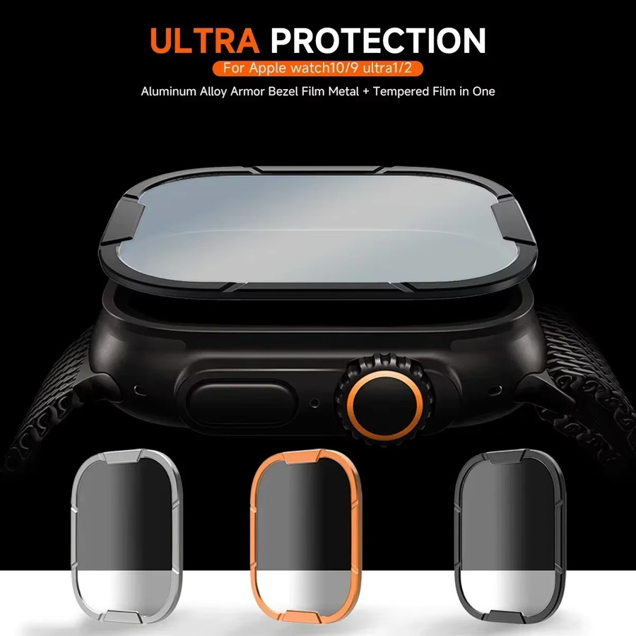 FancyWrist Displayschutzfolie aus gehärtetem Glas mit Metallrahmen für Apple Watch Ultra 3/2/1, 49 mm, Farbe: Schwarz - Bild 4