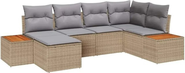 vidaXL Garten-Sofa-Set 6-teilig in L-Form mit Ottoman und Kissen, Beige/Grau, Poly-Rattan und Metallgestell - Bild 1