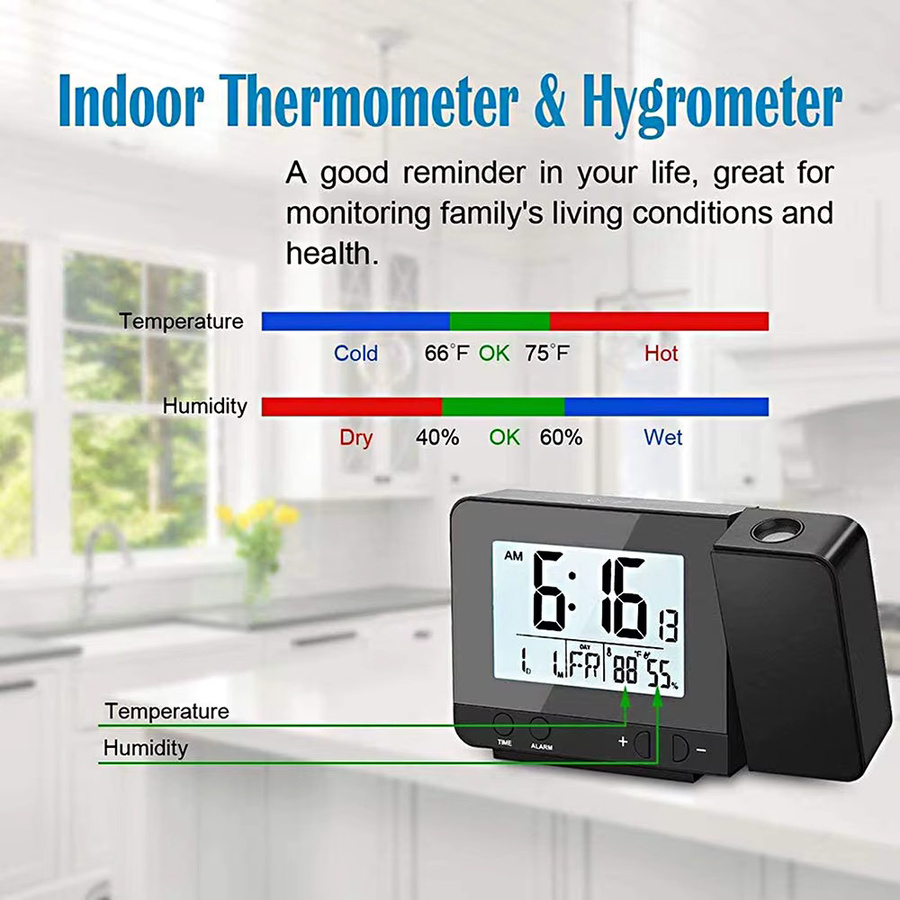 Meterk Projektionswecker für das Schlafzimmer mit Thermometer und Hygrometer, digitale Deckenuhr mit dimmbarem LED-Display in Schwarz - Bild 3