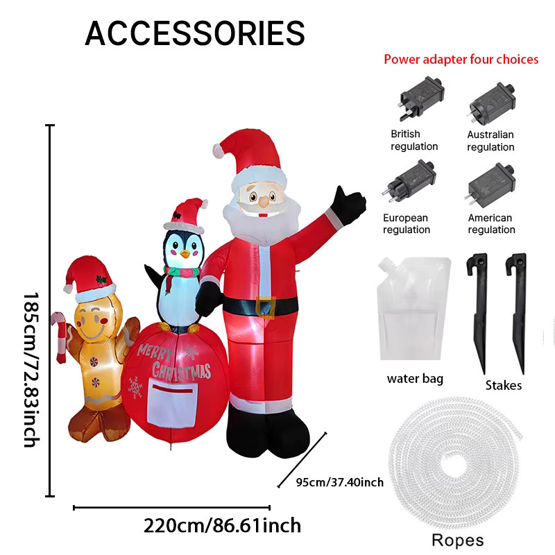 TONGHUANIU Aufblasbares Weihnachtsset mit Weihnachtsmann, Pinguin und Lebkuchenmann, LED-Beleuchtung, Mehrfarbig, Höhe: 220 cm - Bild 3