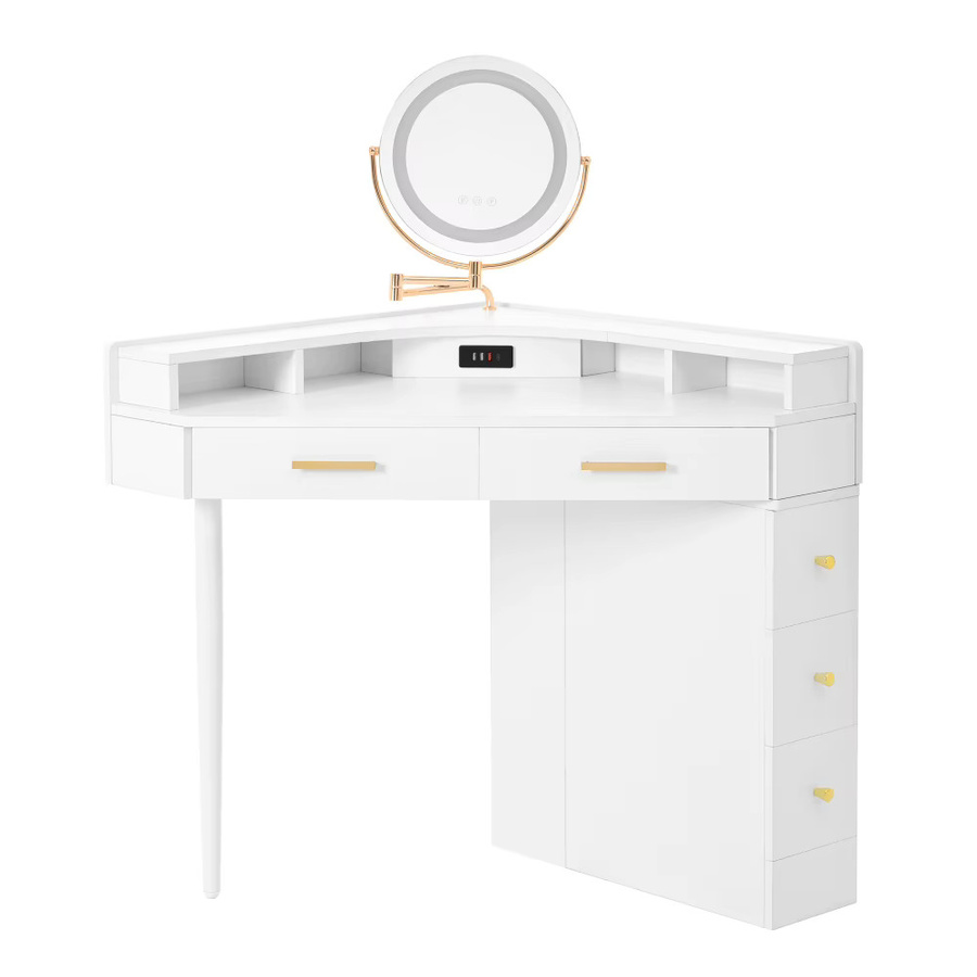 PINGGO Eck-Schminktisch in Weiß mit drehbarem dimmbarem LED-Spiegel, 5 Schubladen und USB Typ C, B/T/H: 105,5 x 75 x 120 cm - Bild 2