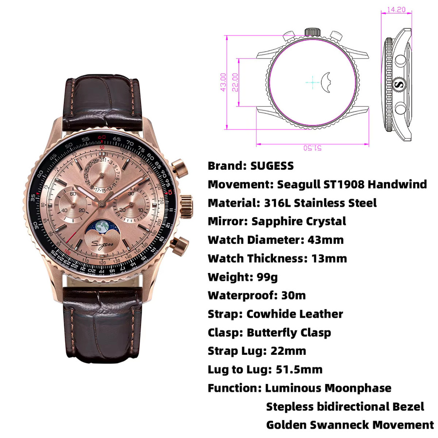 Sugess Chronograph, Moonphase, Automatik, Edelstahl, Roségold, Leder, Herren - Bild 4