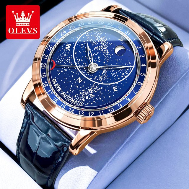 OLEVS Armbanduhr Automatik, Edelstahl, Leder, Blau, Mondphase, Kompass, Herren - Bild 1