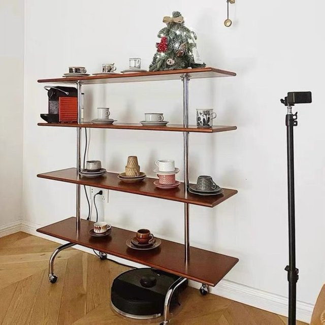 Vintage Designer Lagerregal aus Massivholz und Edelstahl mit Rollwagen in Braun - Bild 1