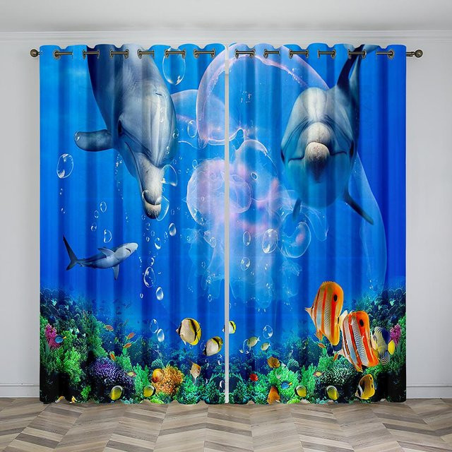 Yiran Furniture Vorhänge im nautischen Stil mit Delfinmotiven, 2er-Set blau, B: 50 cm, H: 60 cm - Bild 1