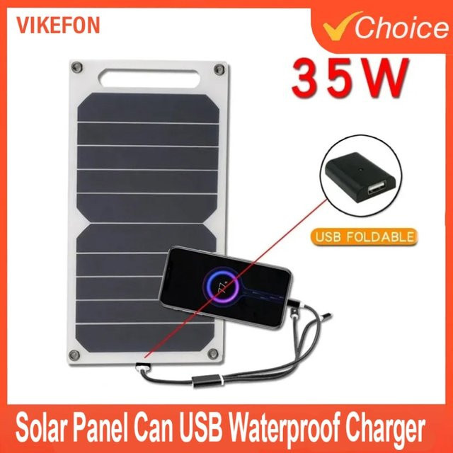 VIKEFON Solarpanel mit USB-A und USB-C, 35W 5V wasserdichtes Ladepanel in Schwarz für Outdoor, Wandern und Camping - Bild 1
