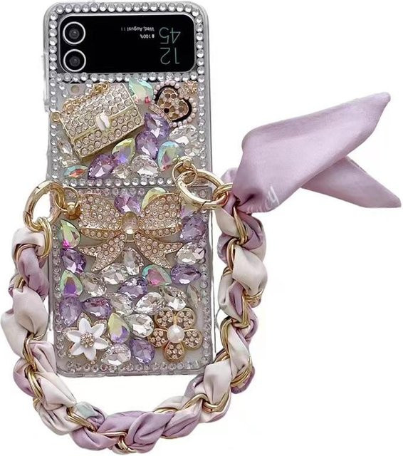 Handyhülle aus Seide mit Strass-Diamant-Steinen und Handgelenkband für Samsung Galaxy Z Flip 6, 5, 4, 3 5G in Multicolour - Bild 1