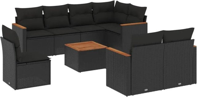 vidaXL 9-teilige Garten-Sofagarnitur aus Poly-Rattan und Akazienholz in Schwarz mit Kissen - Bild 1