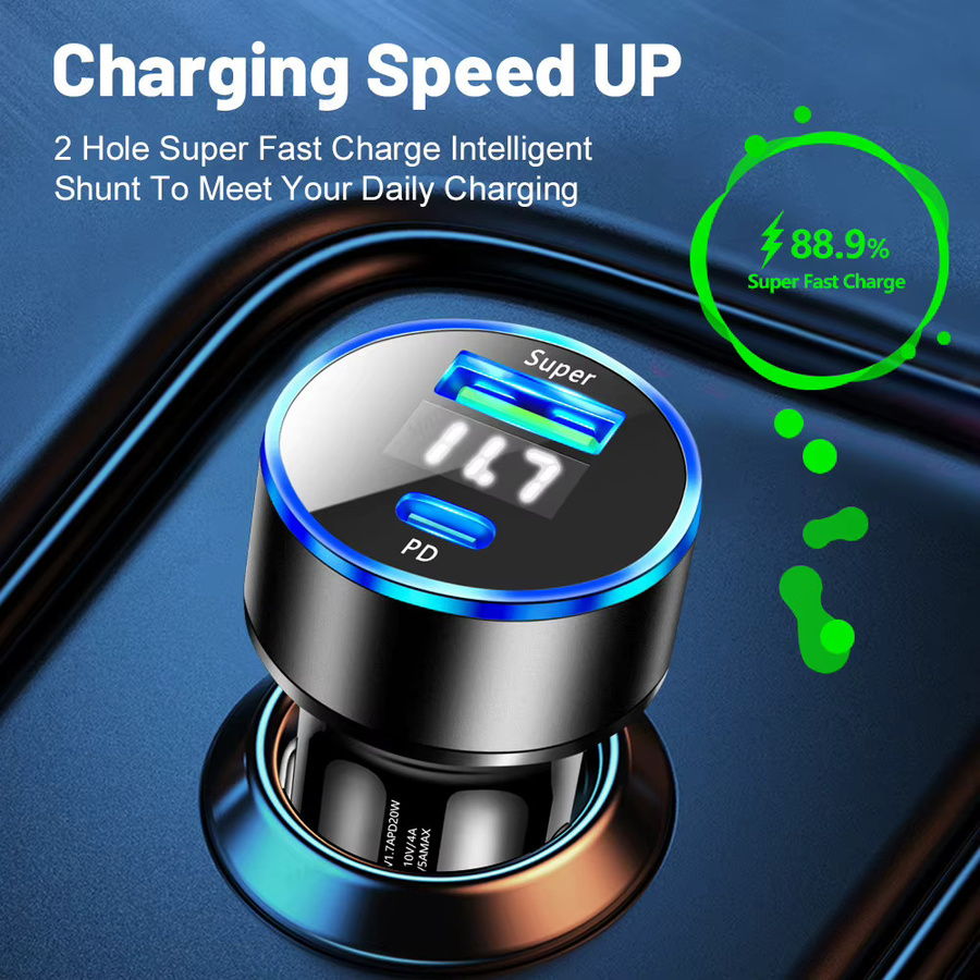USB-PD-Autoladegerät mit 2 Ports und LED-Voltmeter in Schwarz, 3,1 A, für 12–24 V mit USB-C Anschluss - Bild 2