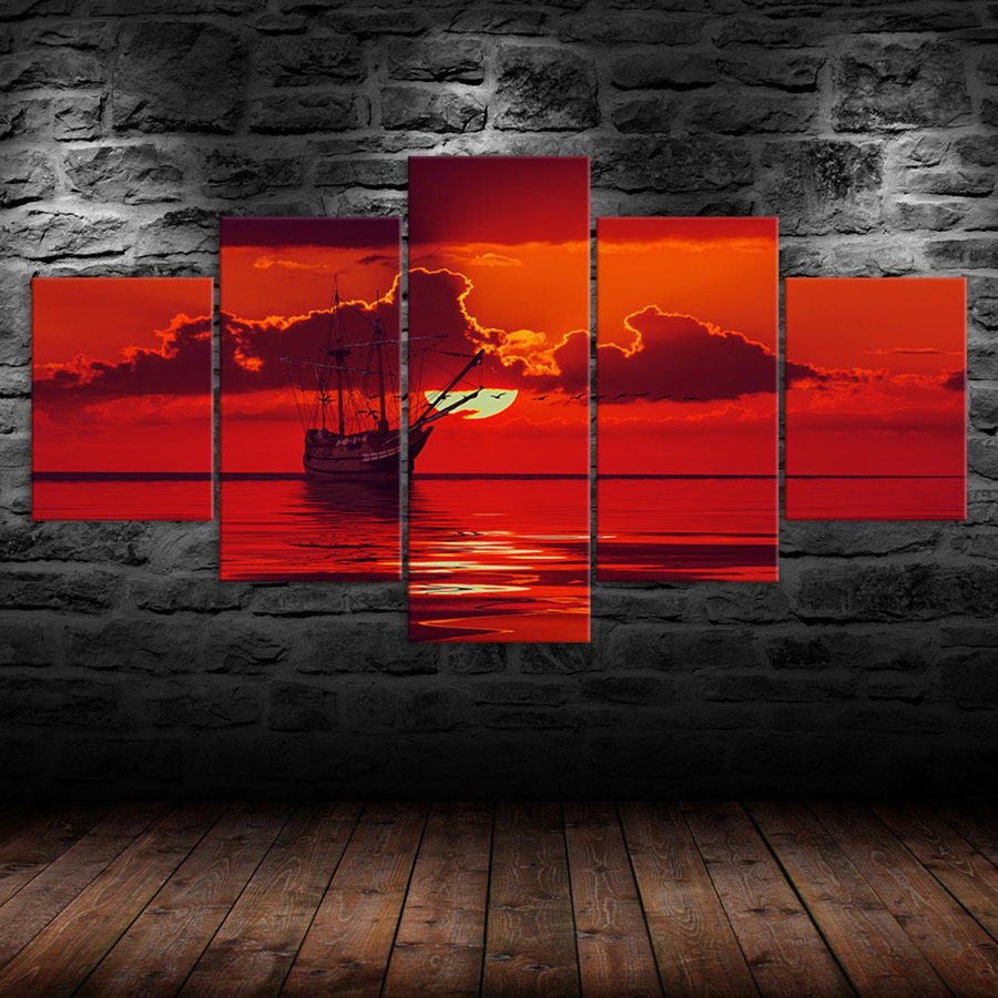 5-teiliges Leinwandbild von Niveous Art Museum mit Boot und Sonnenuntergang in rotem Himmel als moderne Landschaftskunst für dein Heimdekor - Bild 2