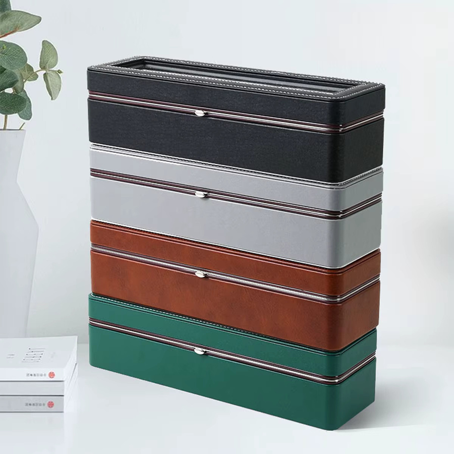 CAOWTAN Tragbare Uhrenbox aus Leder mit 6 Fächern für Herren in Braun mit Reißverschluss und geometrischem Design - Bild 4