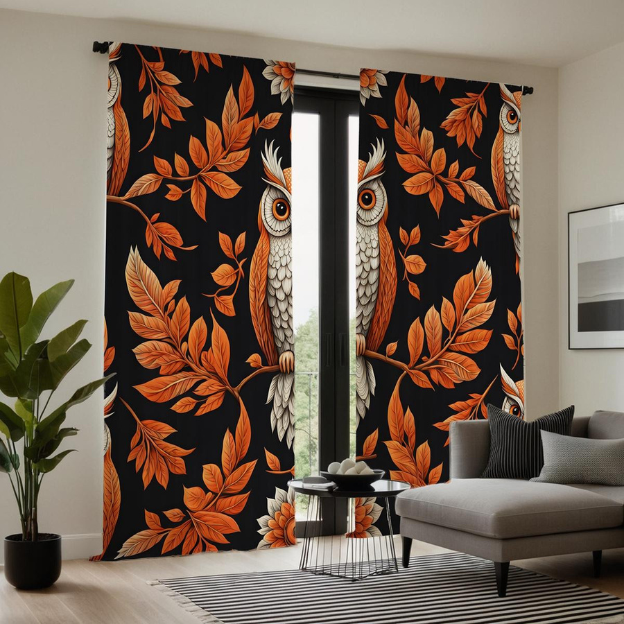 2er-Set dekorative Vorhänge mit Eulen- und Ahornblatt-Motiv in Schwarz und Multicolour, Breite: 132 cm, Höhe: 160 cm - Bild 2