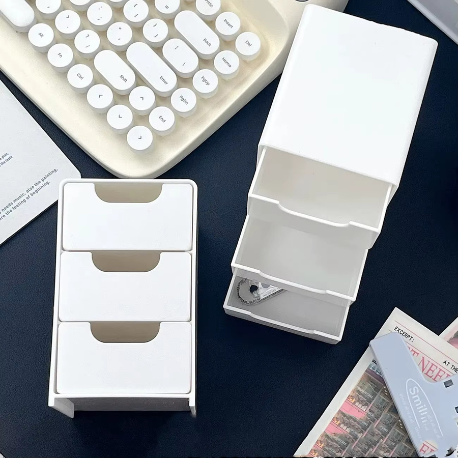 3-lagige weiße Desktop-Aufbewahrungsbox aus Kunststoff mit rundem Griff für Bürobedarf, Schmuck und Kosmetik - Bild 4