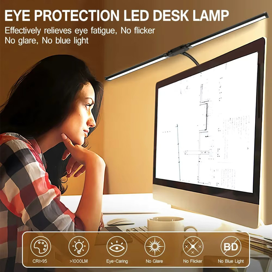 LINYILIGHT LED-Schreibtischlampe mit Doppelkopf in Schwarz, dimmbar mit 5 Farbmodi und USB-Anschluss für Home Office und zum Lesen - Bild 3