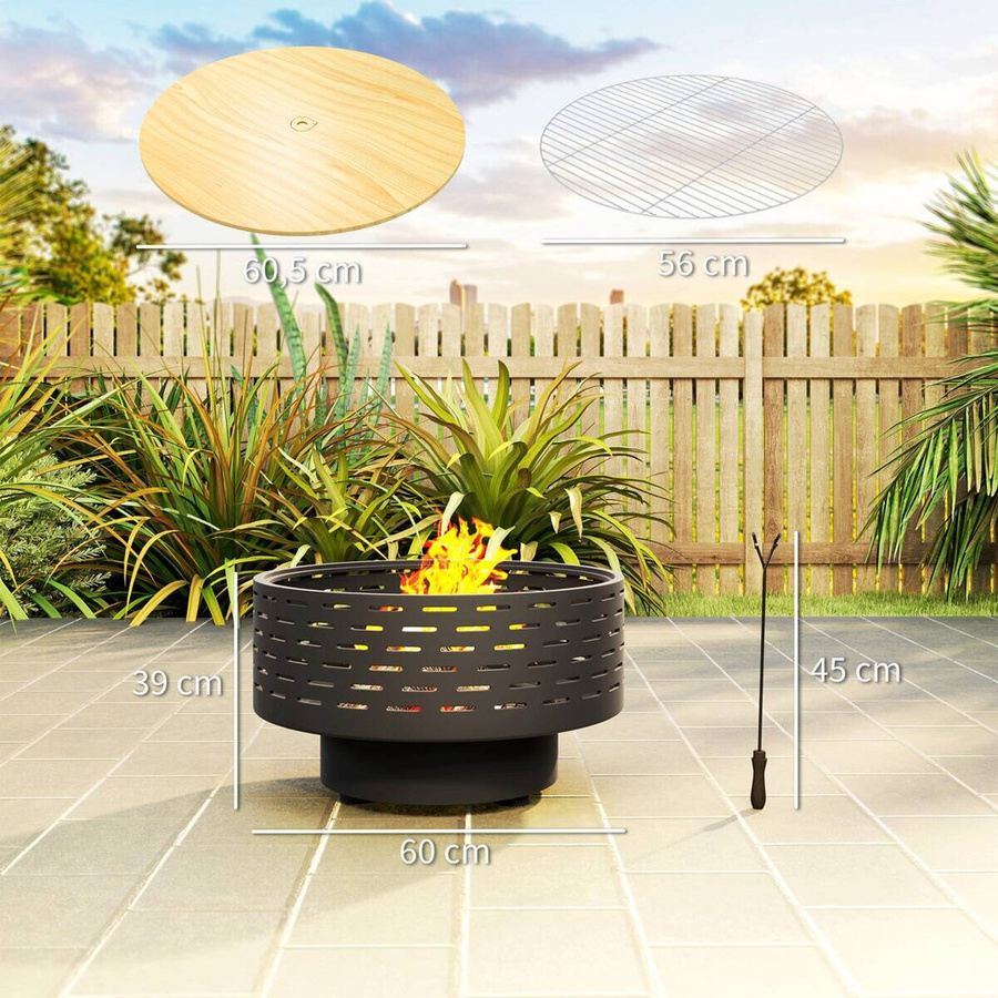 Outsunny 3-in-1 Feuerschale aus Edelstahl mit Grillrost und Funkenschutz in Holzoptik, Kohlegrau, B/H/T: 60 x 39 x 60 cm - Bild 3