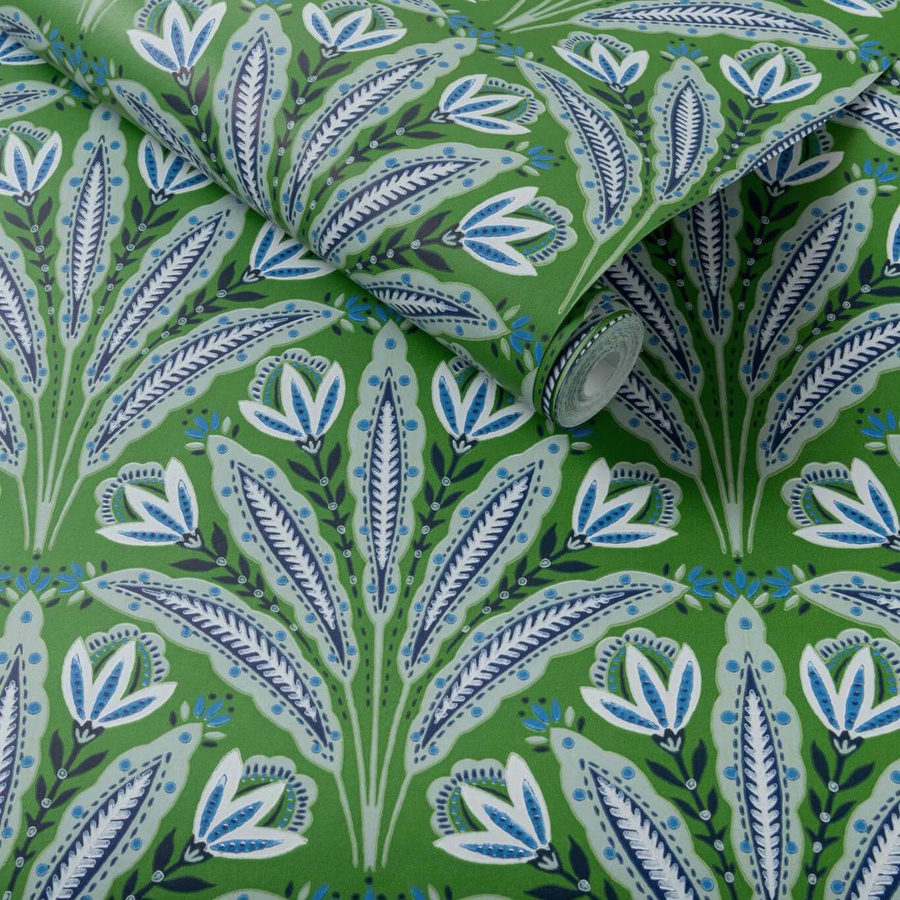 Clarke & Clarke Tapete Attingham in Cobalt/Grün mit floralem Art-Deco-Design und botanischem Muster aus Vlies für dein Wohnzimmer oder Schlafzimmer - Bild 1