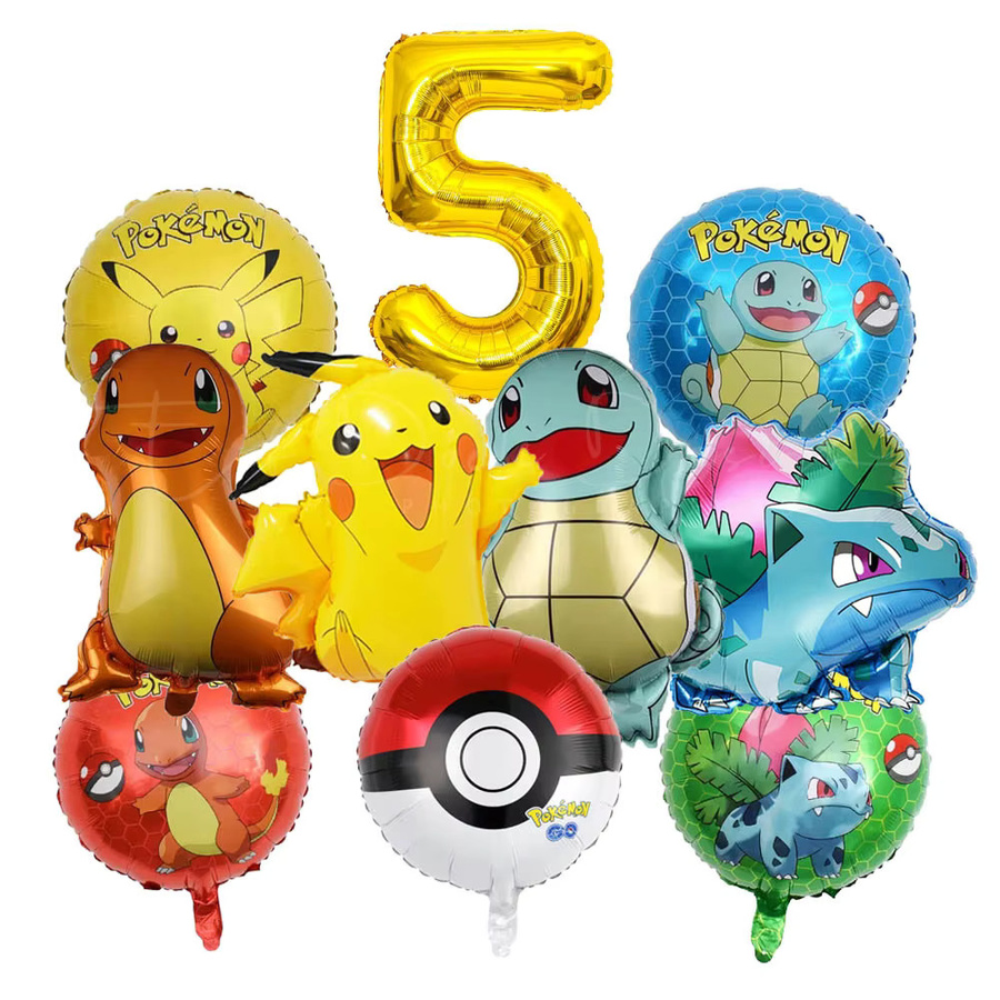 Potdemiel Pokemon Luftballon Set mit Pikachu und Zahlenfolienballons in Gold und Blau für Kinder Geburtstagsparty-Dekoration, Durchmesser: 81,28 cm - Bild 2