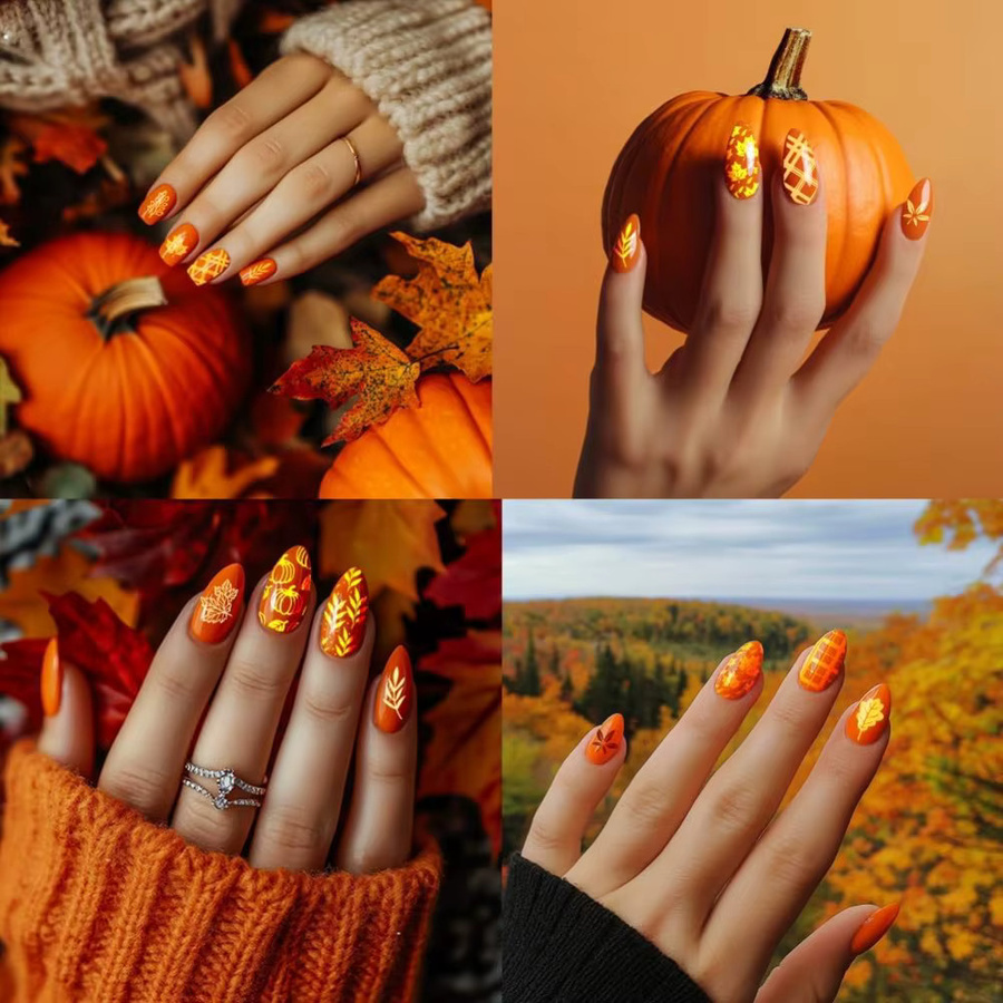 3er-Set Nagelstempelplatten aus Edelstahl mit 88 Herbstmotiven wie Blättern und Kürbissen in Silber - Bild 3
