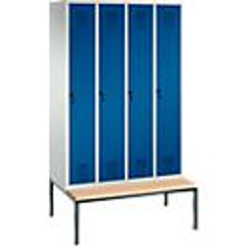 C + P Garderobenspind Evolo S 3000 aus Stahl mit integrierter Sitzbank, 4 Abteile mit je 300 mm Breite und Sicherheitsdrehriegelverschluss, Lichtgrau RAL 7035 und Enzianblau RAL 5010 - Bild 2