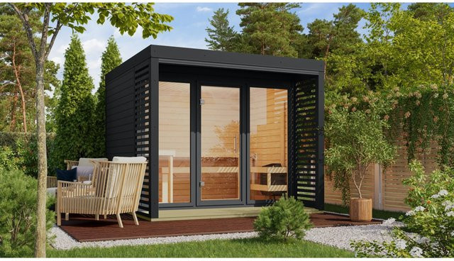 Karibu Saunahaus Seros 3 aus Fichte in Anthrazit mit 9 kW Ofen und externer Steuerung - Bild 1