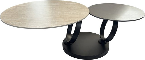 Riess-Ambiente Design Couchtisch DANCING RINGS mit drehbaren Keramikplatten aus Travertin in Rost-Optik und schwarzem Gestell, rund