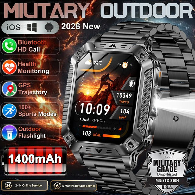 GUHUAVMI Militär Outdoor Smartwatch für Männer mit 2,01 Zoll HD AMOLED Display, Wasserdicht, Anruffunktion, Herzfrequenzmessung und Taschenlampe, 1400 mAh Akku - Bild 1