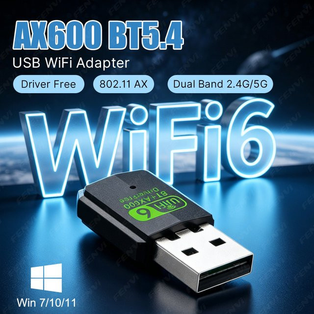 Fenvi 2-in-1 WiFi 6 AX600 und Bluetooth 5.4 Adapter Dual-Band 2,4G/5GHz Netzwerk-Dongle für PC und Laptop in Schwarz - Bild 1