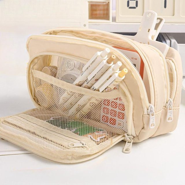 Ästhetische Federtasche für Schulkinder in Beige mit praktischem Klappfach und Reißverschluss - Bild 1