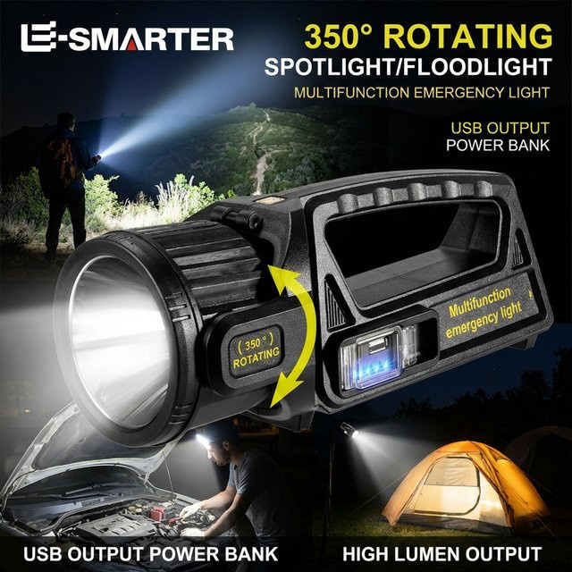 ESMARTER P50 Solar-LED-Taschenlampe, tragbarer USB-aufladbarer Suchscheinwerfer, wasserdicht, Schwarz - Bild 1