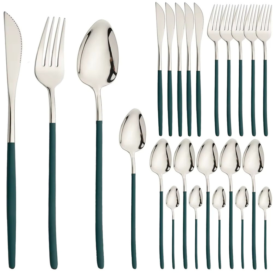 24-teiliges Besteckset JANKNG aus Edelstahl in Silber und Grün, poliertes Set bestehend aus Messern, Gabeln und Löffeln für Steak, Dessert und den täglichen Gebrauch - Bild 2
