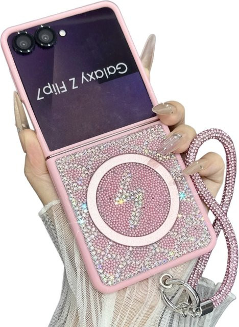 Flash Diamond Magnetische Faltbare Schutzhülle für Samsung Z Flip 6 7 FE in Purple mit Luxuriösem Voll-Diamant-Design und Trageriemen - Bild 1