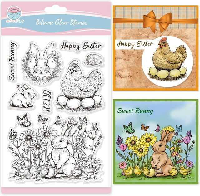Transparenter Osterstempel mit Kaninchen und Huhn für die Kartenherstellung - Bild 1