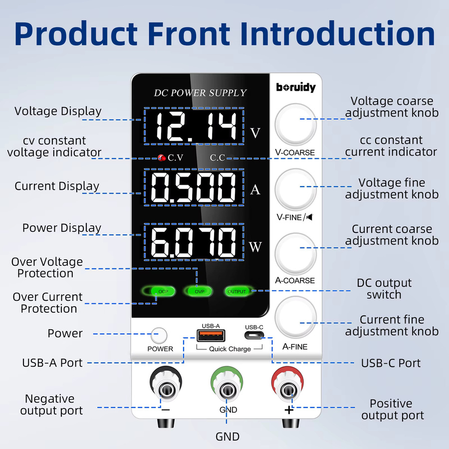 Boruidy Labornetzteil Einstellbar 30 V 10 A DC-Schaltnetzteil mit OCP/OVP, Encoder-Steuerung und USB-A/Typ-C Anschlüssen - Bild 2