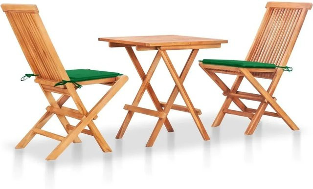 vidaXL 3-teiliges Bistroset aus Teakholz mit grünen Kissen in Braun, B/T/H: 60 x 62 x 65 cm - Bild 1