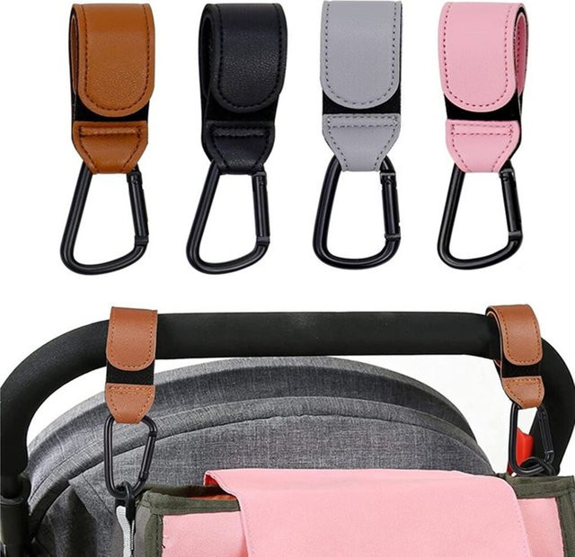 Kinderwagen Organizer aus PU Leder mit Klettverschluss und Schnalle, Windeltasche und Aufhänger für Babywagen, Farbe: Schwarz - Bild 1