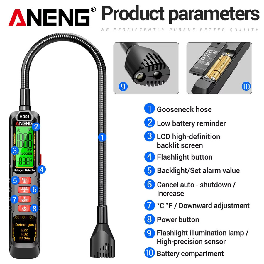 ANENG HD01 Kältemitteldetektor für Halogenlecks, Tragbares Gas-Freon-Messgerät für R22, R32, R134a und Klimaanlagen, Schwarz - Bild 6