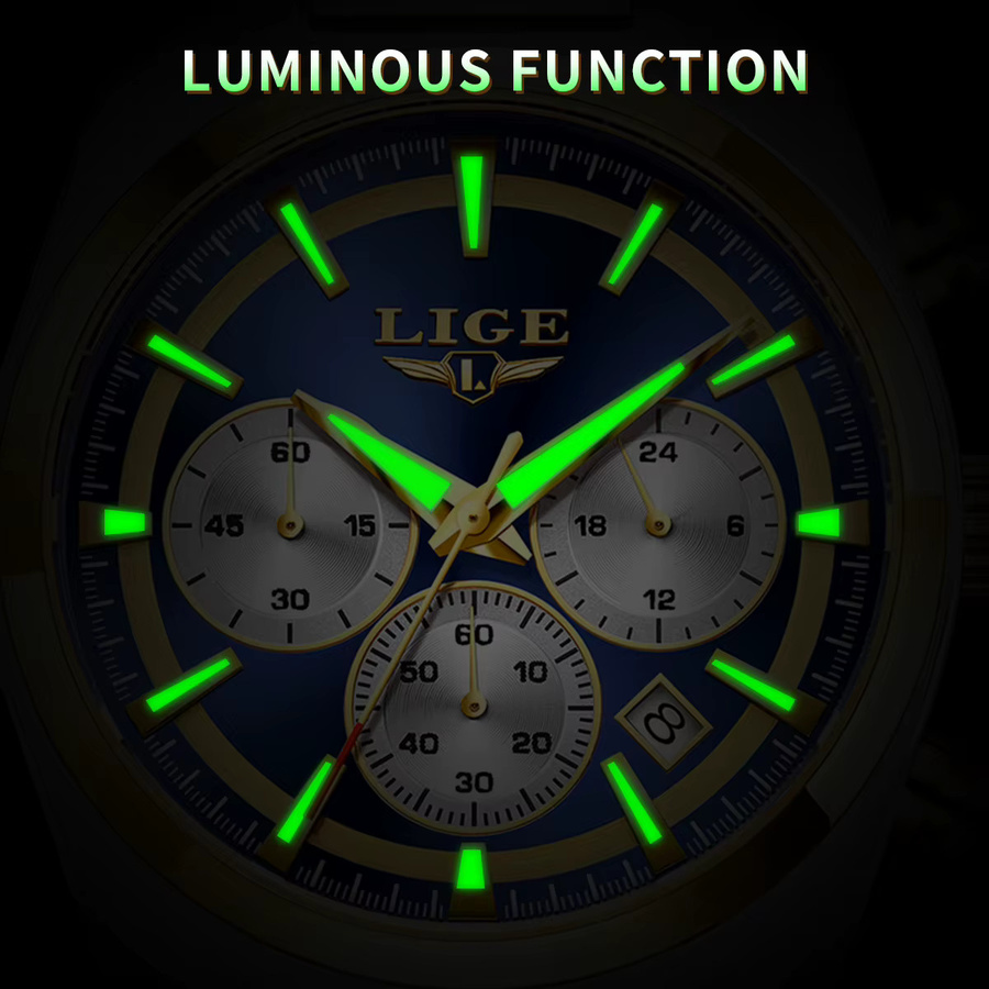 LIGE Armbanduhr Chronograph, Quarz, Edelstahl, Blau, Herren - Bild 4