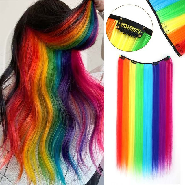 Refeeny Clip-in-Haarverlängerungen, synthetisch, Regenbogen, 22" - Bild 1