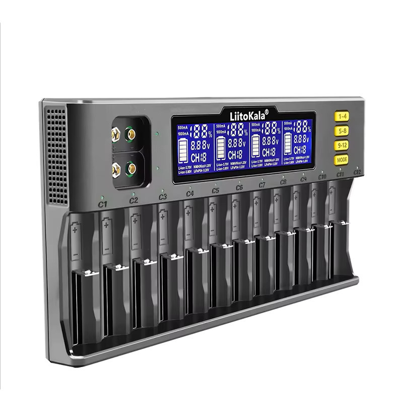 LiitoKala Lii-S12 Intelligentes 12-Bay Ladegerät in Schwarz für LiFePO4, Li-Ion, NiMH und NiCd, passend für 18650, 26650, AA und AAA - Bild 4