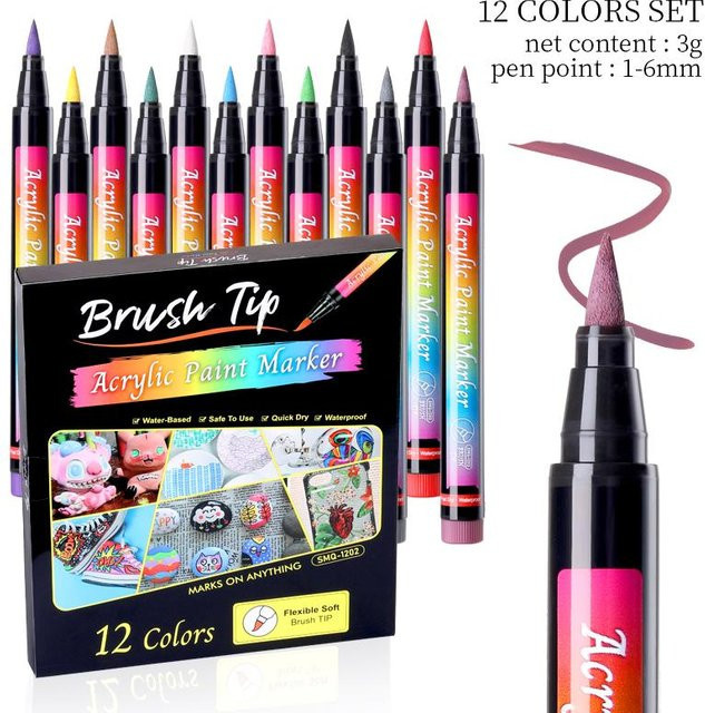 NATAWA Acrylmarker Set mit 12 Stück, bunte Graffiti Stifte mit weichem Pinselkopf, wasserfeste Marker für Keramik und Kunststoff, Farbe: Grau und Mehrfarbig - Bild 1