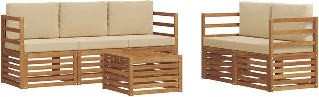 vidaXL 6-teilige Sofagarnitur aus Massivholz Akazie in Natur und Beige mit Tisch und Polstern - Bild 1