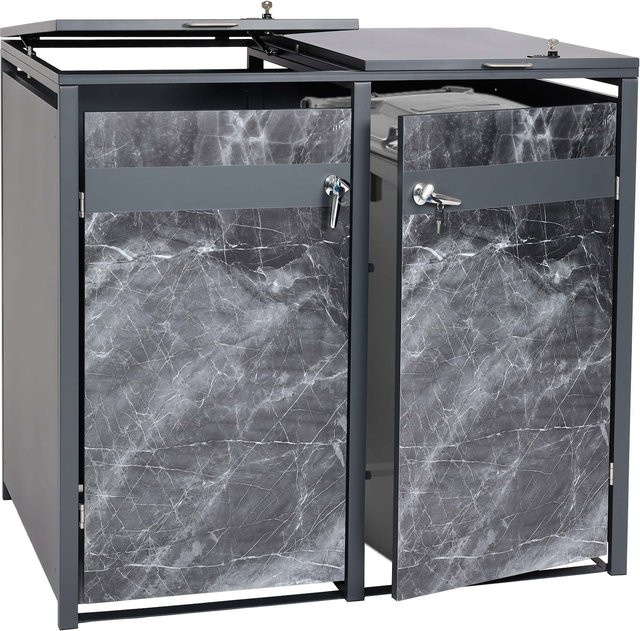 Mülltonnenverkleidung MCW-J82 für 2 Mülltonnen aus Metall in Anthrazit mit dunkler Marmor-Optik, B/T/H: 117 x 132 x 80 cm - Bild 1