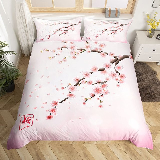 JMG Household Supplies Japanische Bettwäschegarnitur mit Sakura-Kirschblüten-Motiv in Pink, 3-teilig, B/H: 155 x 215 cm - Bild 1