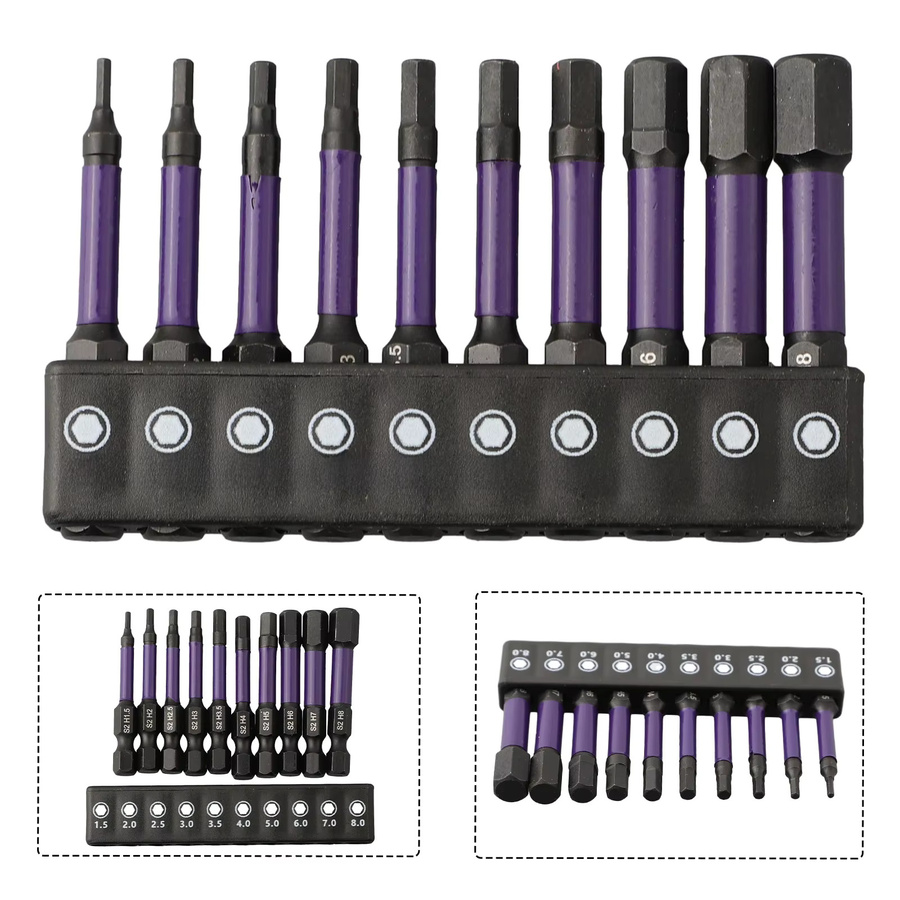 VIBRATITE 10er Set Hex Kopf Schlüssel Bohrer mit magnetischem 1/4 Zoll Quick Release Bit Halter und Schraubendreher Bits in Lila, H1,5-H8 - Bild 6
