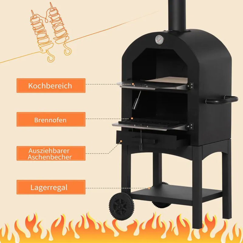 Outsunny 2-in-1 Pizzaofen aus Kohlenstoffstahl mit Rollen, Schwarz - Bild 3