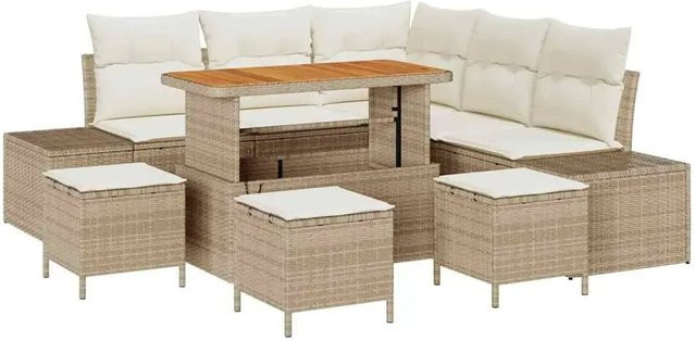 vidaXL Garten-Sofa-Set 9-teilig aus Poly-Rattan und Akazienholz in Beige mit Kissen und Tisch - Bild 1