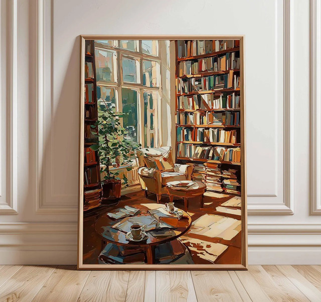 Impressionistischer Kunstdruck Bibliotheksplakat in Mehrfarbig als Wandkunst für dein Lesezimmer im rustikalen Stil - Bild 1