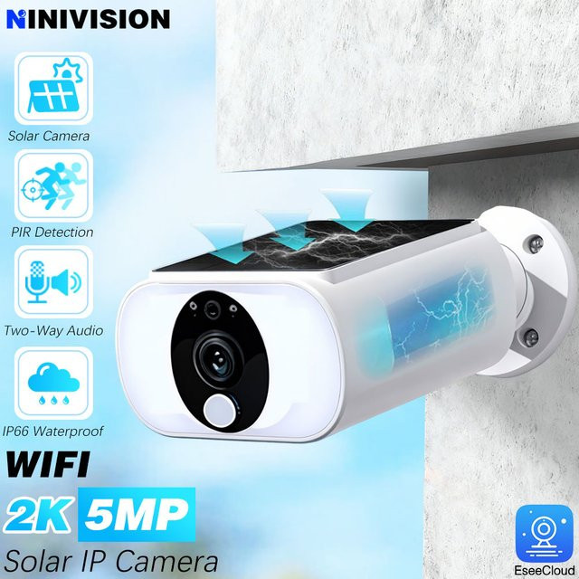 NINIVISION 5MP Outdoor Solar Kamera mit Akku, Drahtlose WIFI Überwachungskamera mit PIR-Personenerkennung, Farb-Nachtsicht und EseeCloud App, Weiß - Bild 1